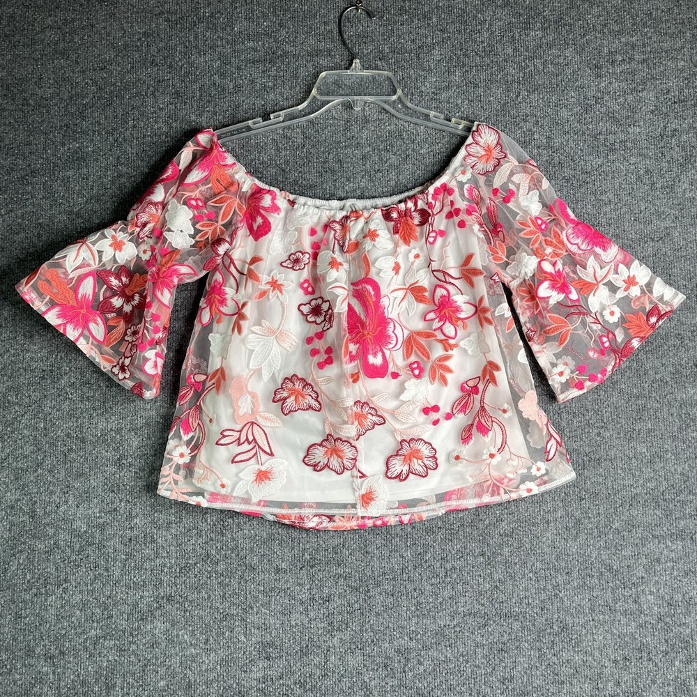 Alexia Admor Off The Shoulder Top‎ Blouse Floral Embroidered Mesh Sheer Boho